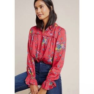 Anthropologie Maeve Fredericka Floral & Flutter Long Sleeve Top Size 6 Boho Chic